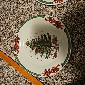 Set of 2 Christmas in the park salad plates.  White plate with Christmas tree